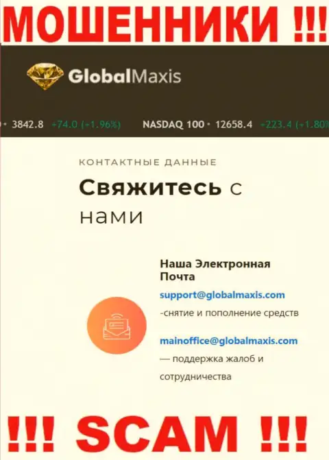 Адрес электронной почты аферистов Global Maxis, который они показали у себя на официальном сайте