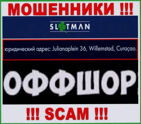 Slot Man это противозаконно действующая организация, зарегистрированная в оффшорной зоне Julianaplein 36, Willemstad, Curaçao, будьте весьма внимательны