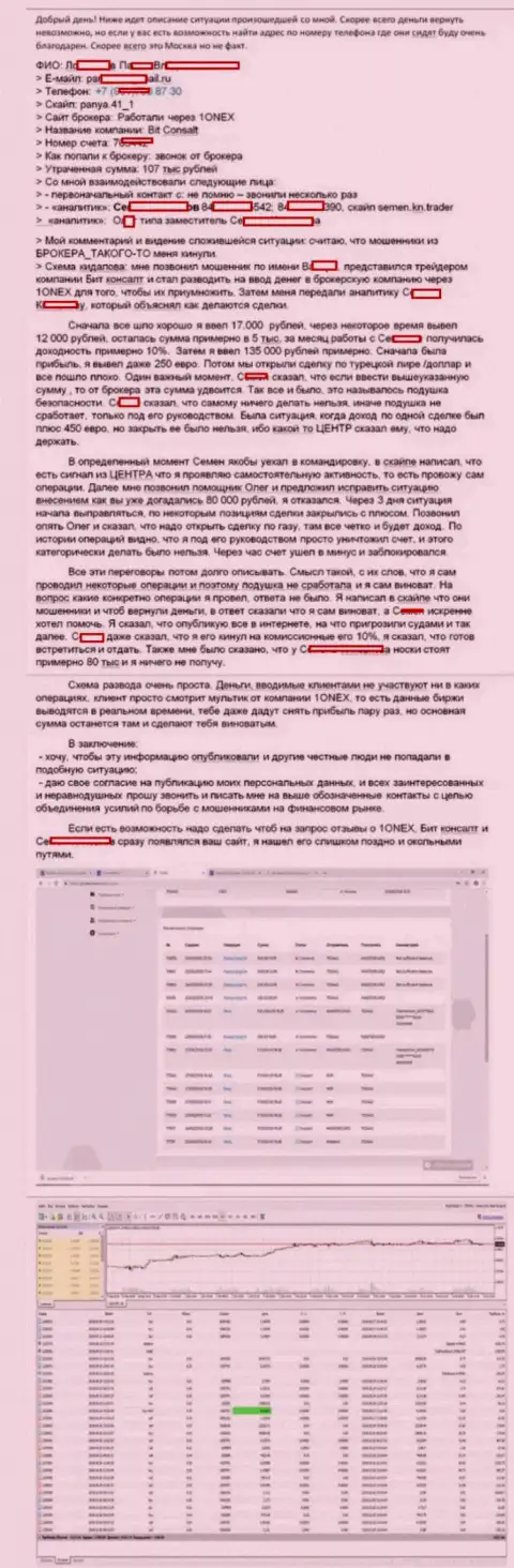 Детальная модель обворовывания клиента обманщиками из 1 Онекс на сумму 107 000 российских рублей